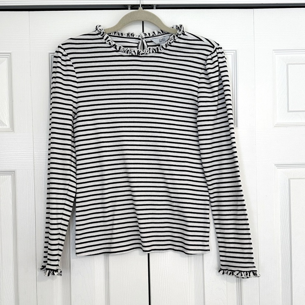 Croft & Barrow Black and White Striped Blouse with ruffle hems. Size S